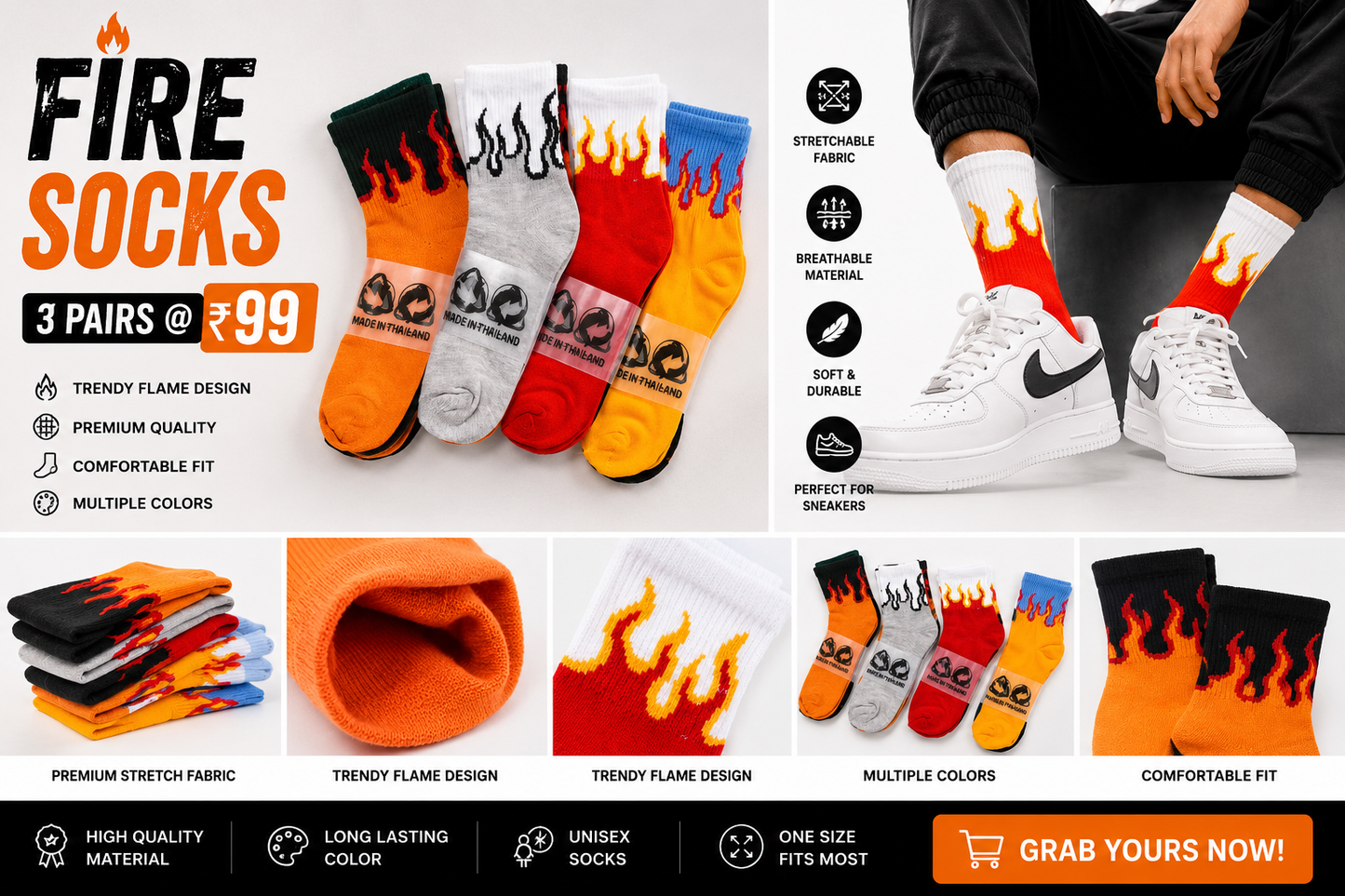 Fire Flame Crew Socks – 3 Pairs Combo | Premium Streetwear Socks
