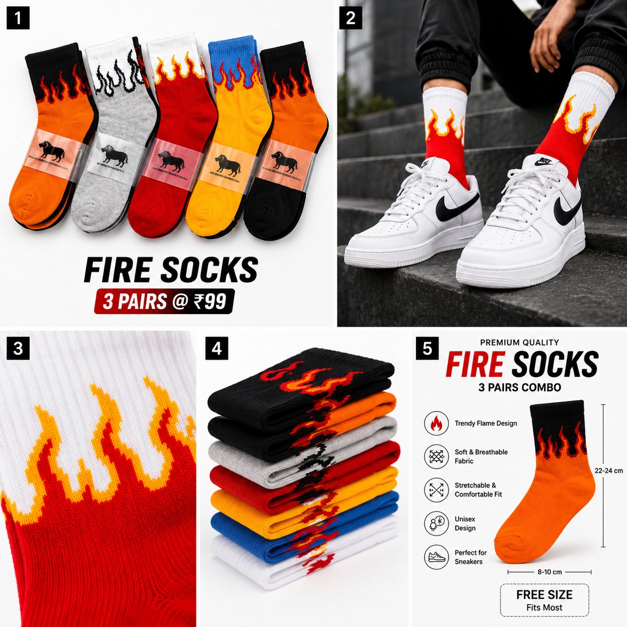 Fire Flame Crew Socks – 3 Pairs Combo | Premium Streetwear Socks