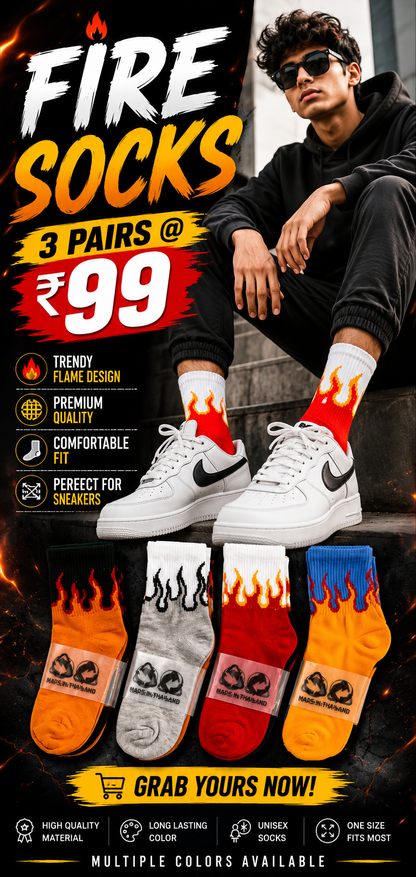 Fire Flame Crew Socks – 3 Pairs Combo | Premium Streetwear Socks