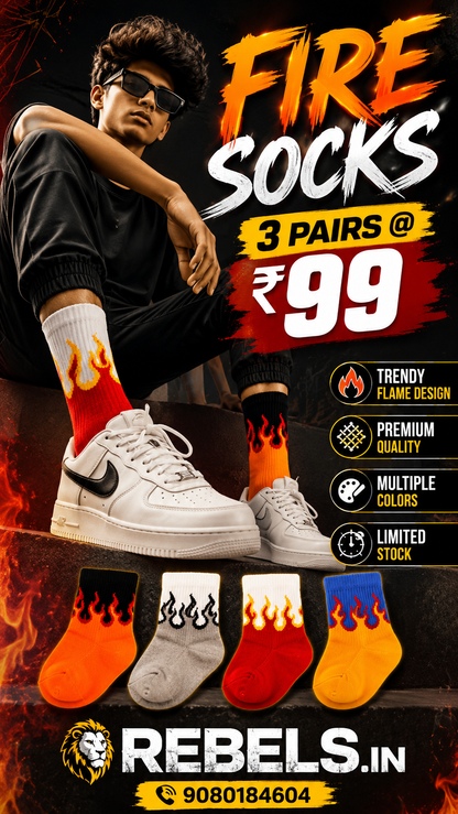 Fire Flame Crew Socks – 3 Pairs Combo | Premium Streetwear Socks